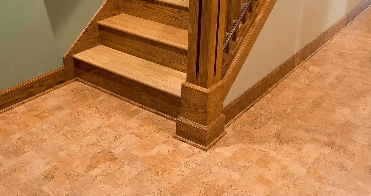 End of a staircase with cork flooring in Oakland, CA