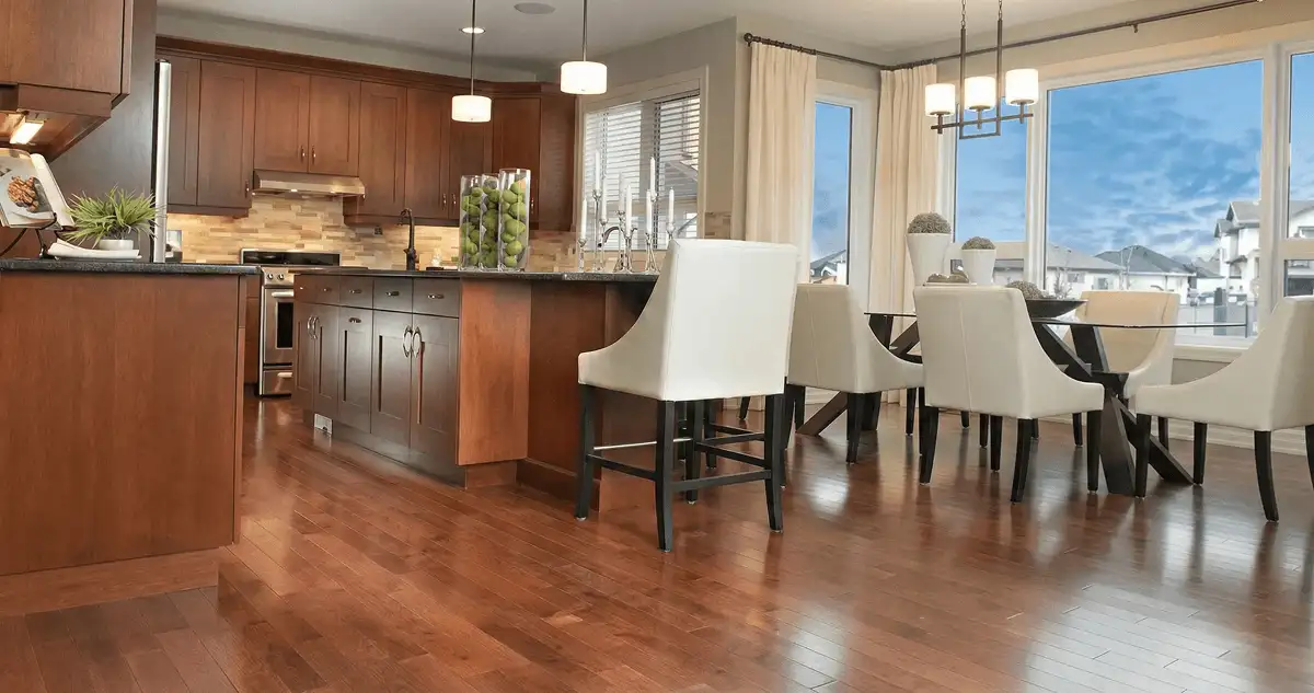 A modern kitchen with professionally installed wood flooring in Oakland, CA