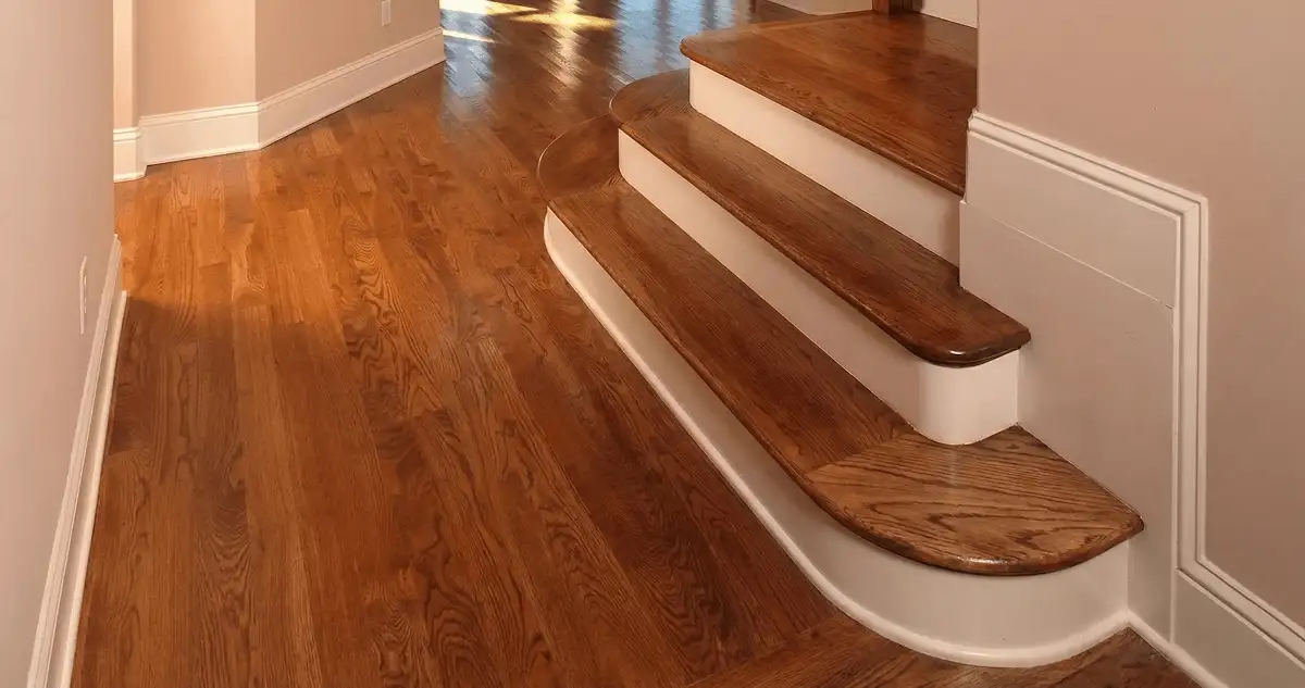 Base floor of a staircase with professionally restored wood flooring in Oakland CA