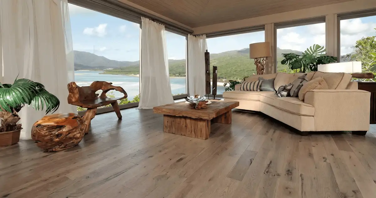 Professionally installed vinyl flooring in a modern living room with large windows in Oakland, CA